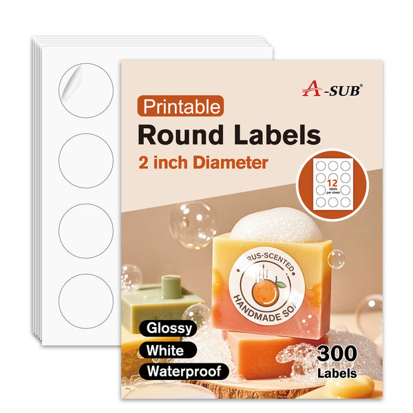 A-SUB 2 inch Round Sticker Labels 2 inch White Glossy for  Inkjet or Laser Printer