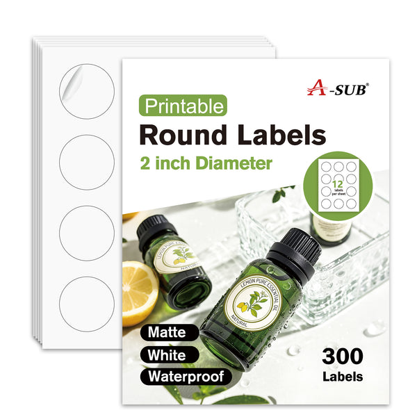 A-SUB 2 inch Waterproof Round Sticker Labels White Matte for Inkjet or Laser Printer