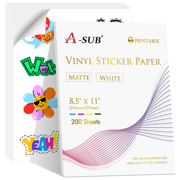 A-SUB Waterproof Matte Vinyl Sticker Paper for Inkjet Printer 200 Sheets - A-SUB