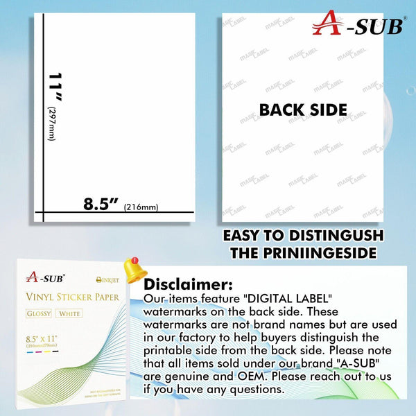 【Bulk Prices】 500 Sheets A-SUB Waterproof White Glossy Vinyl Sticker Paper - A-SUB