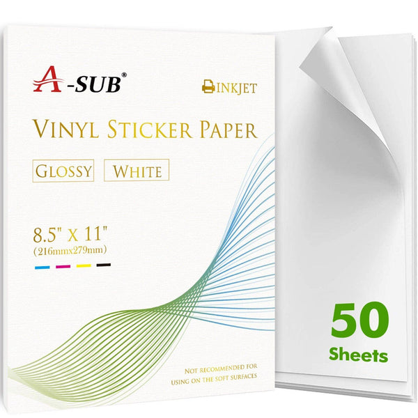 A-SUB Waterproof Glossy Vinyl Sticker Paper for Inkjet Printer 50 Sheets - A-SUB