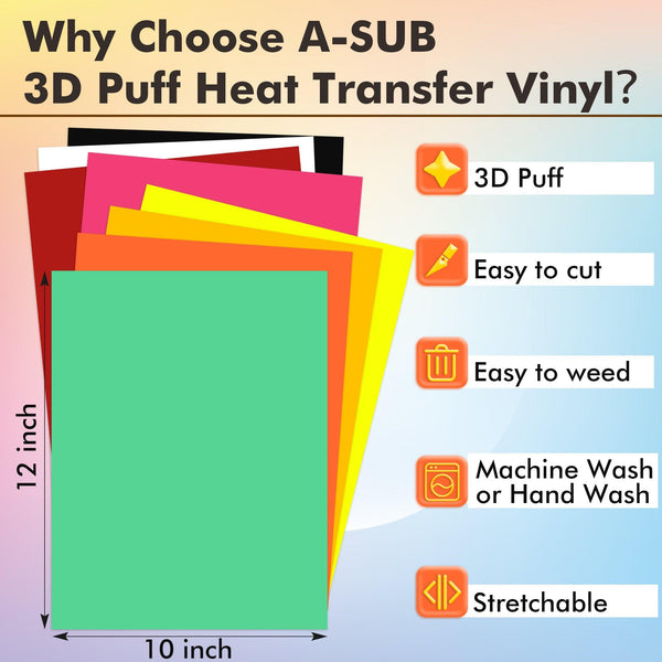 A SUB 3D Puff Heat Transfer Vinyl 8 PCS - 8 Colors Puff Vinyl Sheets 10''x 12" - A-SUB