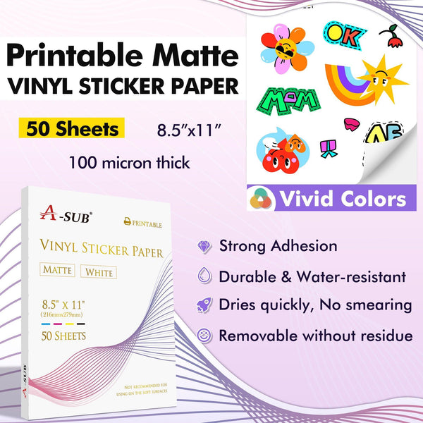 A-SUB Waterproof Matte Vinyl Sticker Paper for Inkjet Printer 200 Sheets - A-SUB