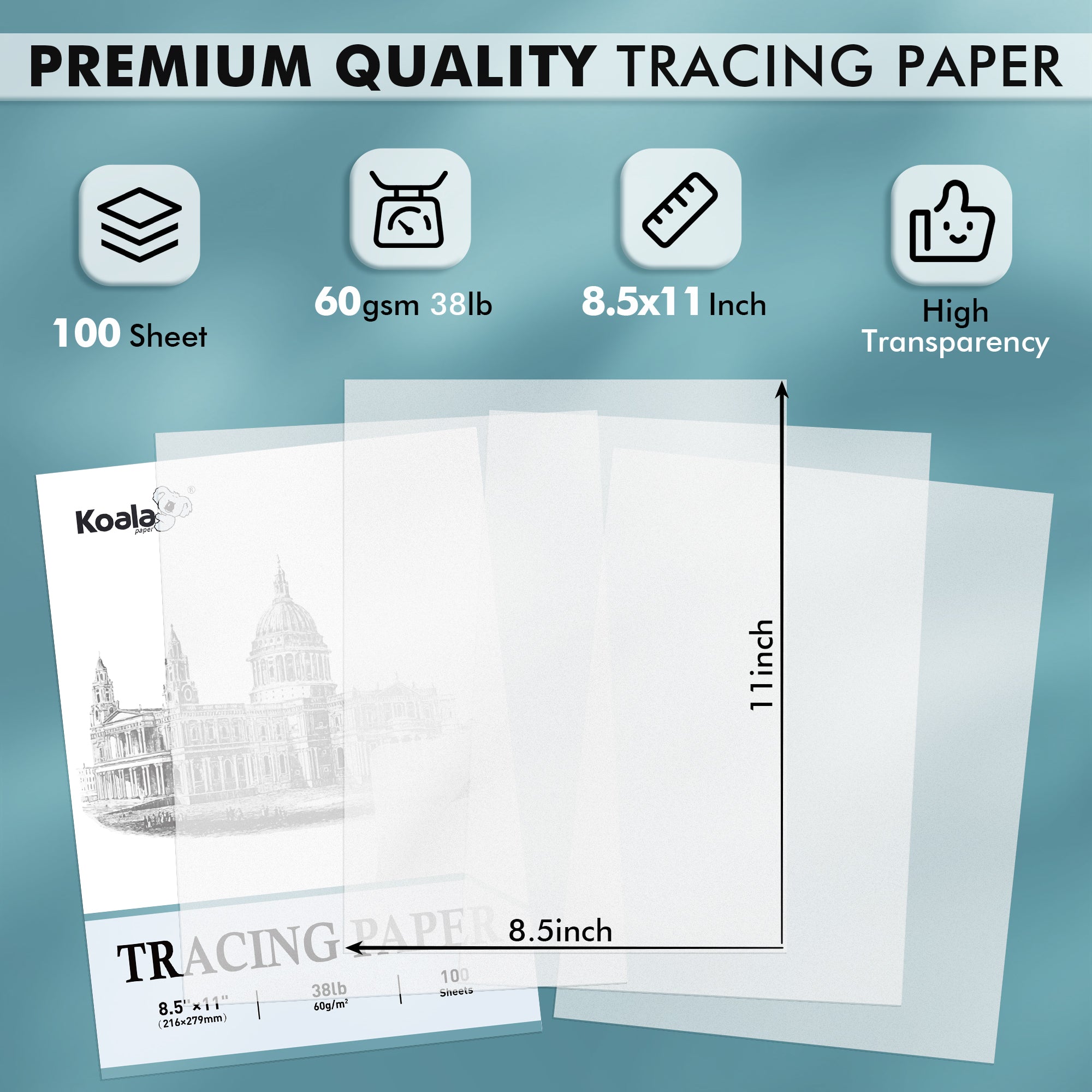 Artist’s Tracing Paper Pad 8.5x11 Inch 100 Sheets 38 LB / 60 GSM