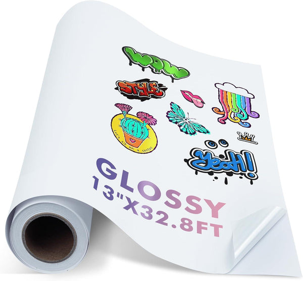 Printable Vinyl Sticker Paper Roll for Inkjet Printers, 13 inch x 32.8 ft White Glossy - A-SUB