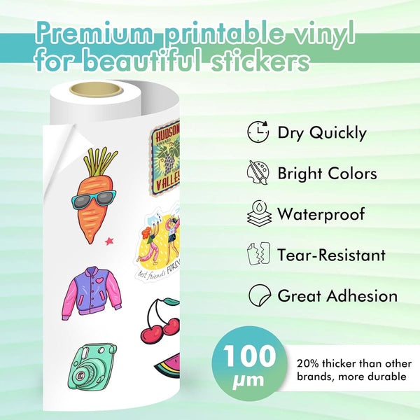 Printable Vinyl Sticker Paper Roll for Inkjet Printers, 13 inch x 32.8 ft White Matte - A-SUB