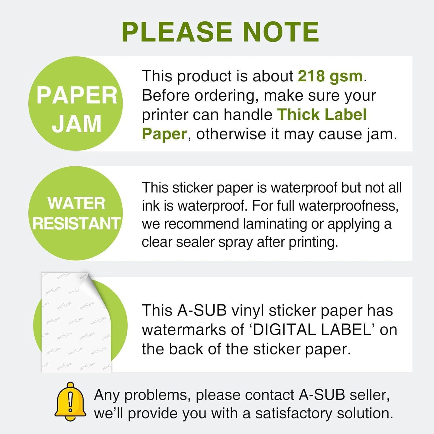 【Bulk Prices】 500 Sheets A-SUB Waterproof White Glossy Vinyl Sticker Paper - A-SUB