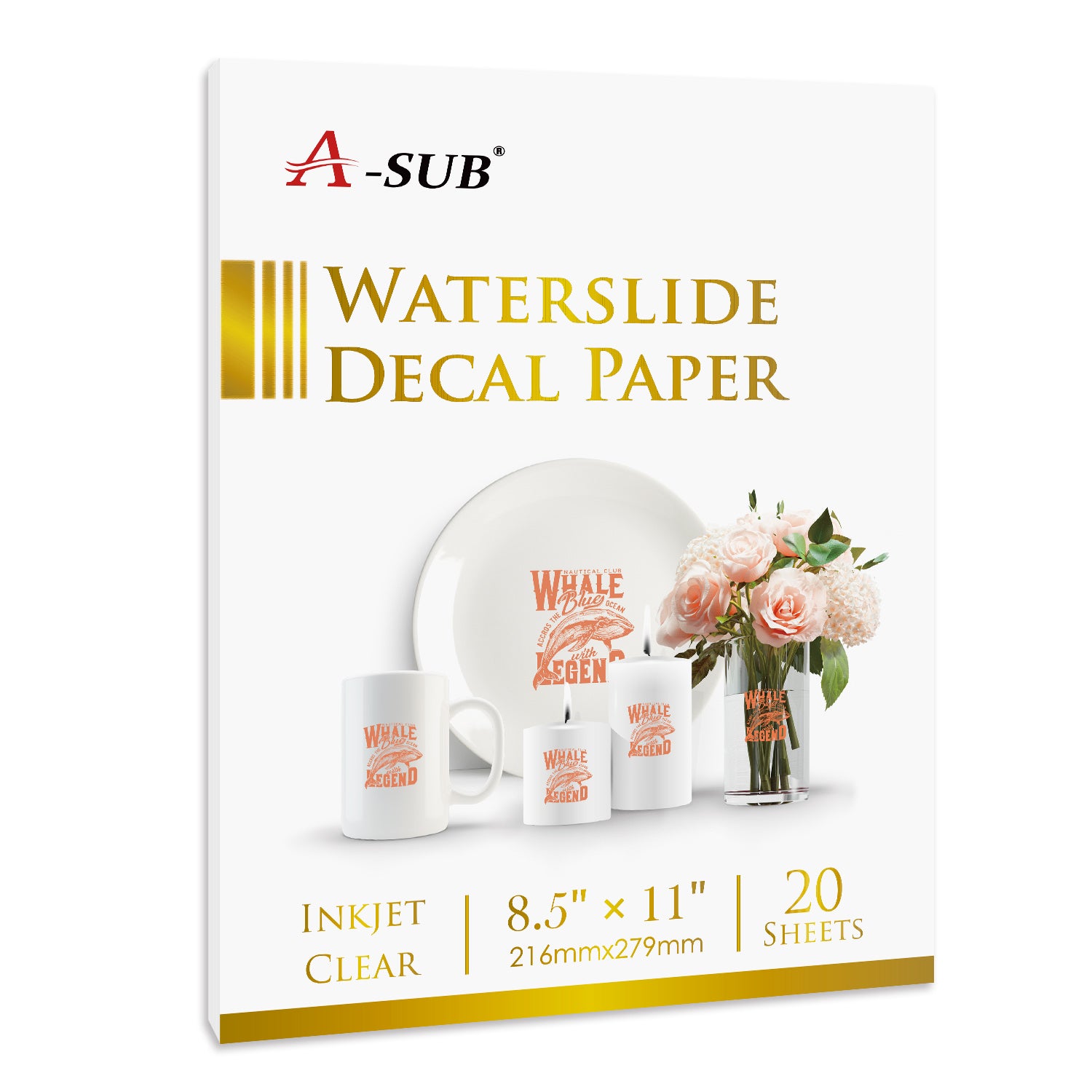 A-sub Waterslide Decal Paper for Inkjet Printers 20 Sheets Clear Water Slide Transfer Paper 8.5x11 in for DIY Tumbler, Mug, Glass Decals, White