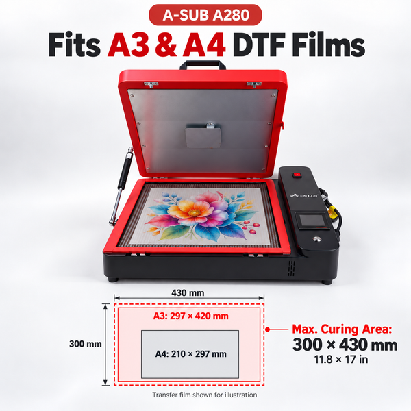 DTF powder curing oven upgrade A280 in red, designed for A3 and A4 DTF films, max curing area 300x430 mm.