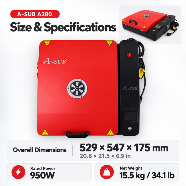A-SUB A280 DTF powder curing oven upgrade with specifications including dimensions and power details.