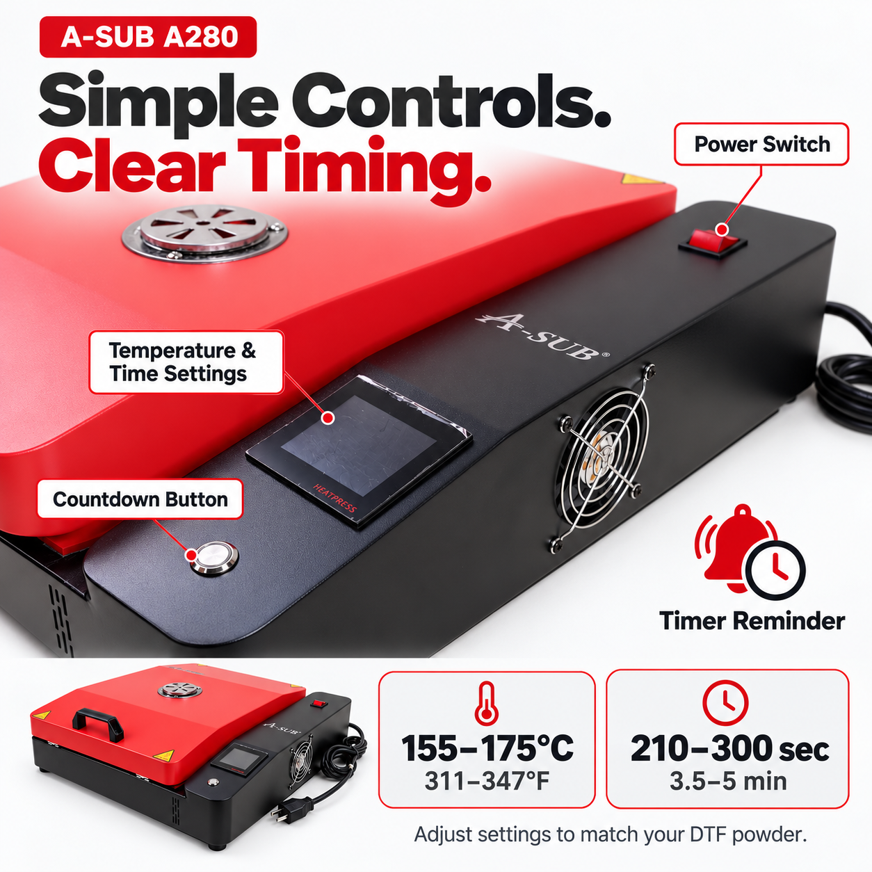 DTF powder curing oven upgrade A280-Red with simple controls, temperature settings, and timer reminder.