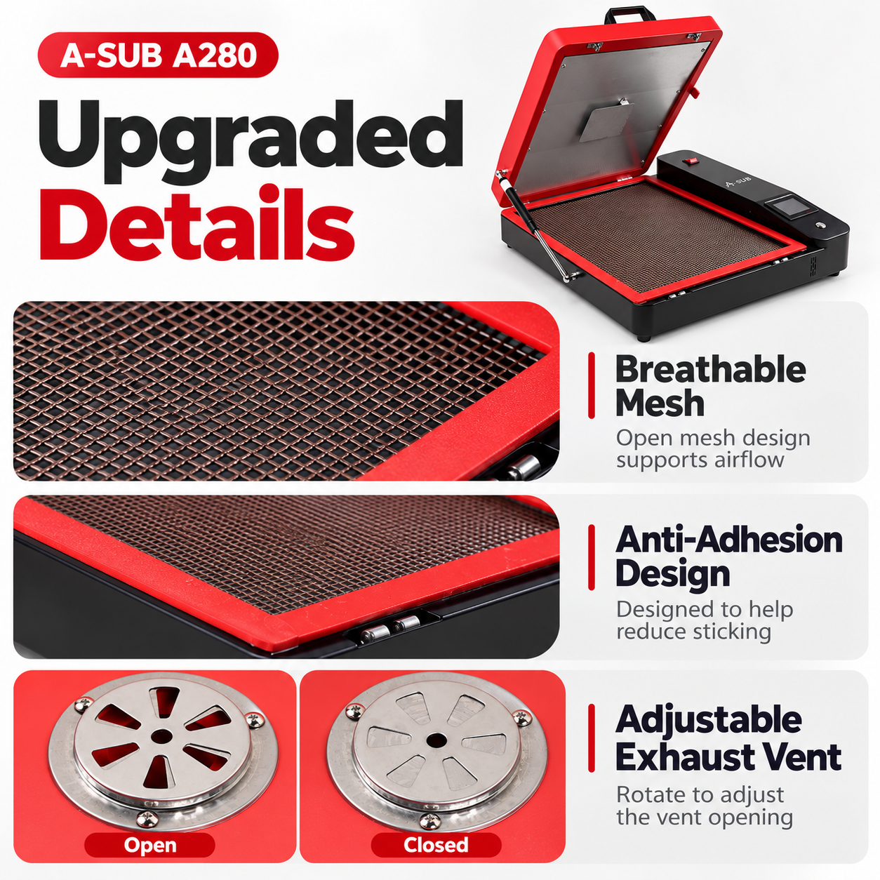 DTF powder curing oven upgrade A280 with breathable mesh and anti-adhesion design for better airflow and reduced sticking.