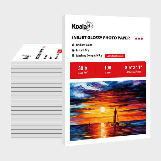 Bulk glossy photo paper 115gsm packaging with 100 sheets, 30lb, 8.5x11 inches for inkjet printers.