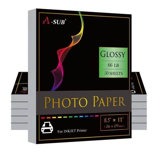 A-SUB Glossy Resin-Coated Photo Paper 8.5x11 66lb 250gsm package with 50 sheets for inkjet printing.