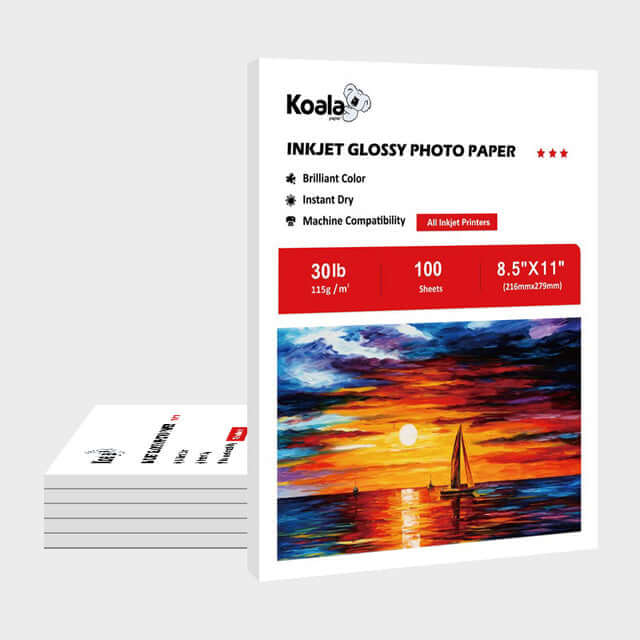 Bulk glossy photo paper 115gsm pack featuring 100 sheets of Koala inkjet glossy photo paper in 8.5x11 inches size.