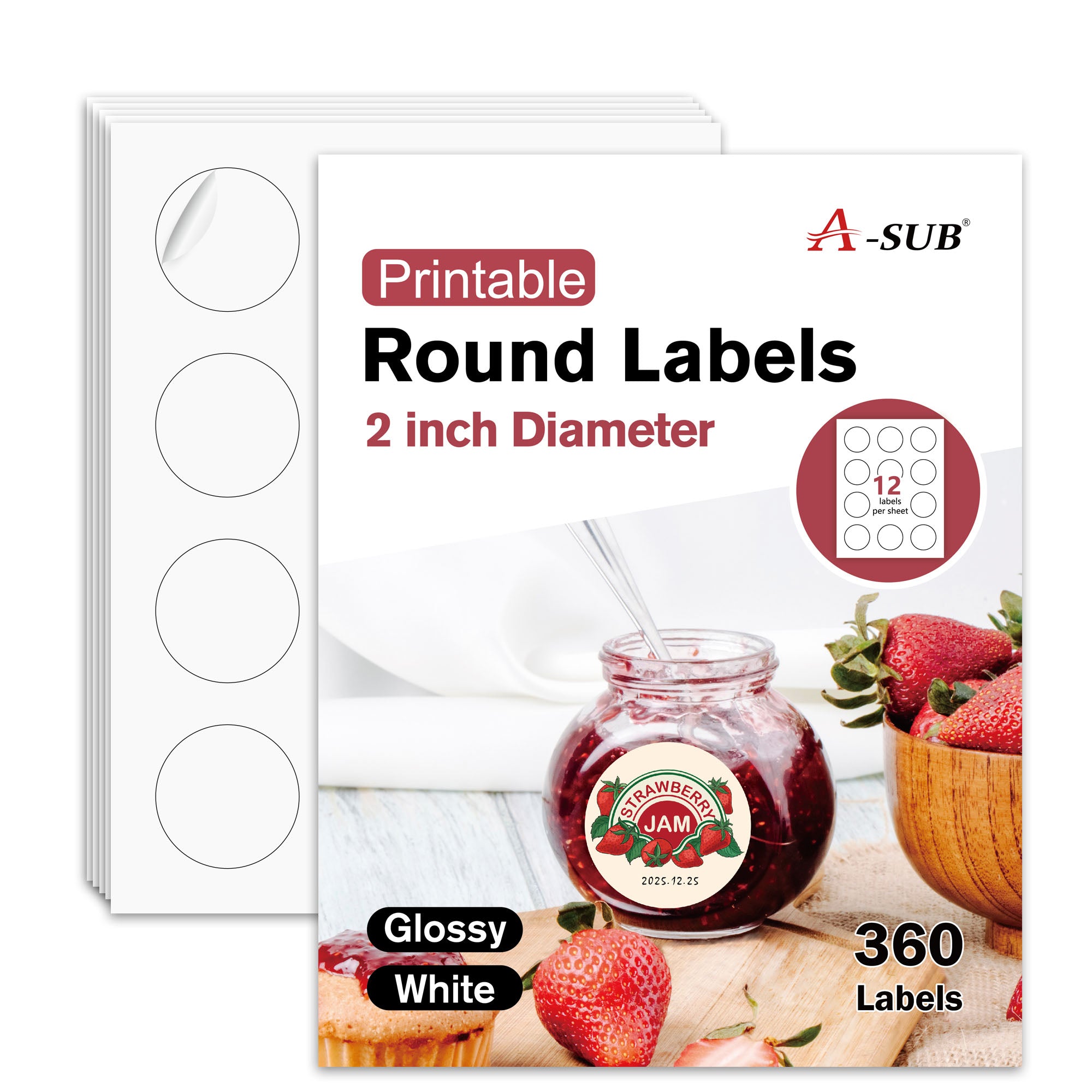 A-SUB 2 inch Round Sticker Labels White Glossy for Inkjet or Laser Printer