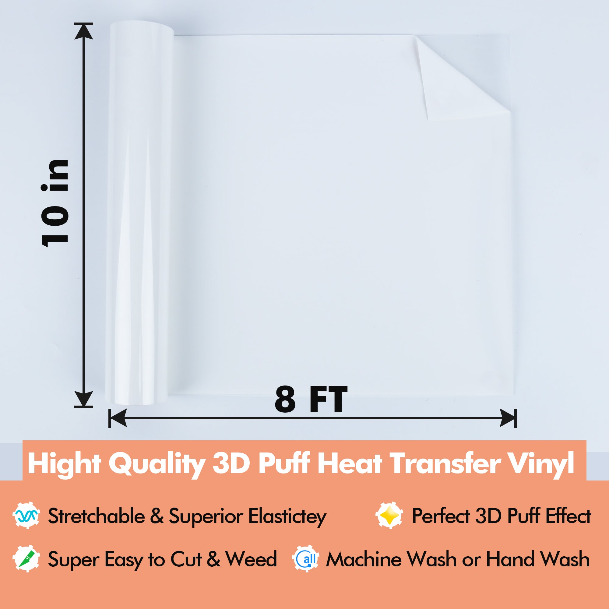 A-SUB  3D Puff Vinyl Heat Transfer - White Puff Vinyl Roll 10''x 8FT