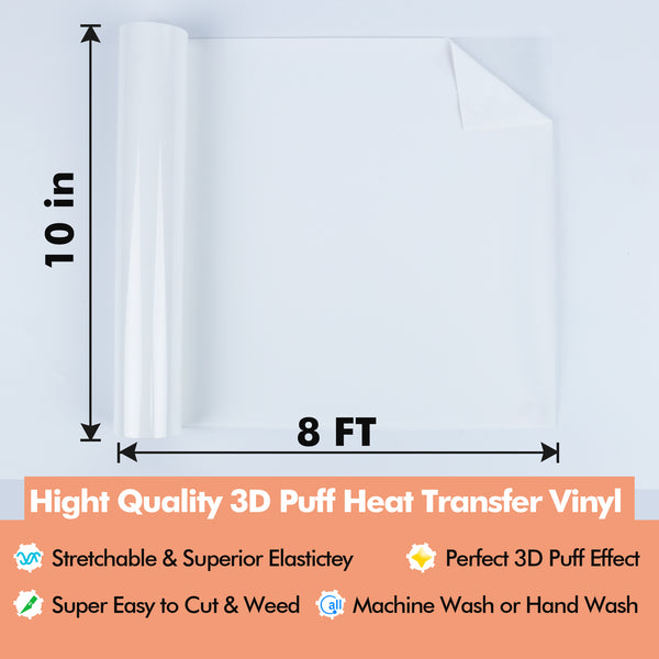 A-SUB  3D Puff Vinyl Heat Transfer - White Puff Vinyl Roll 10''x 8FT