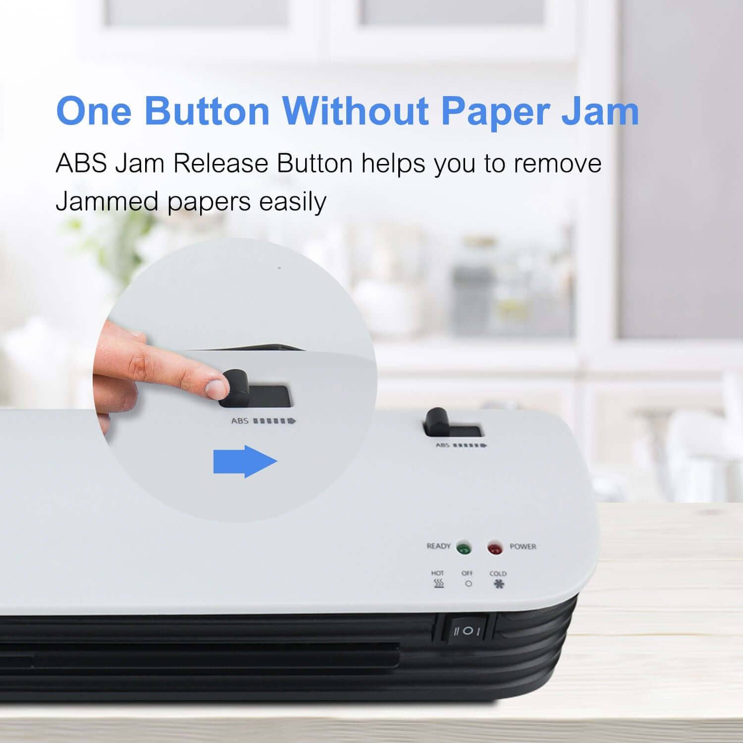 A3 hot and cold laminator machine showing ABS jam release button for easy paper removal.