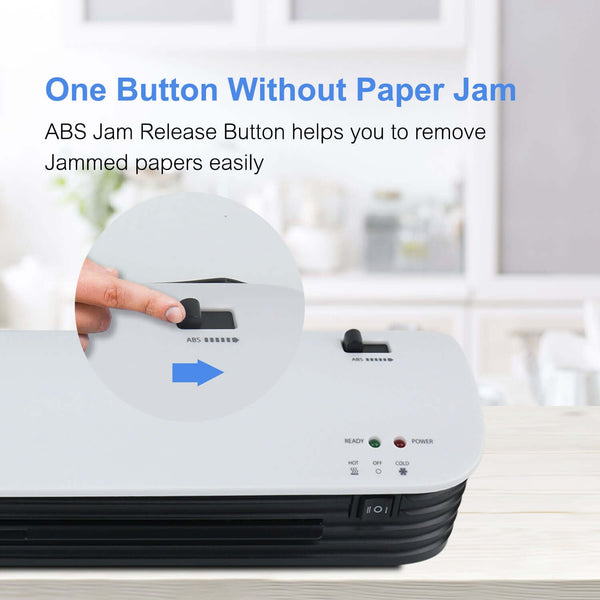 A3 hot and cold laminator machine showing ABS jam release button for easy paper removal.