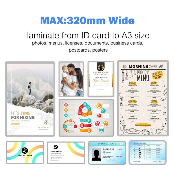 A3 hot and cold laminator machine displaying various laminated documents, photos, menus, and business cards.