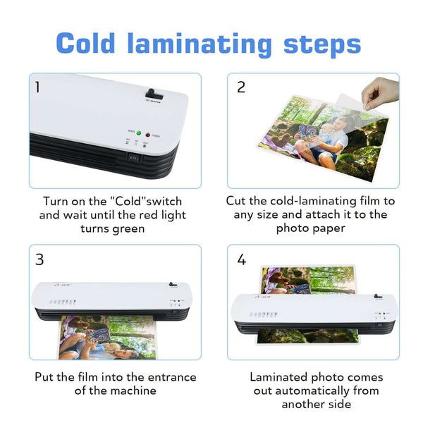 A3 hot and cold laminator machine showing cold laminating steps with clear instructions for easy use.