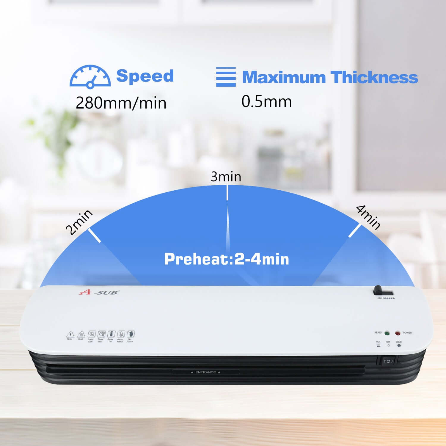 A3 hot and cold laminator machine showing speed of 280mm/min and maximum thickness of 0.5mm.