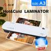 A3 hot and cold laminator machine with free laminating sheets and images being processed.