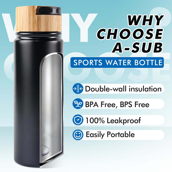 A-SUB black insulated sports water bottle features double-wall insulation and is BPA free, leakproof, and portable.