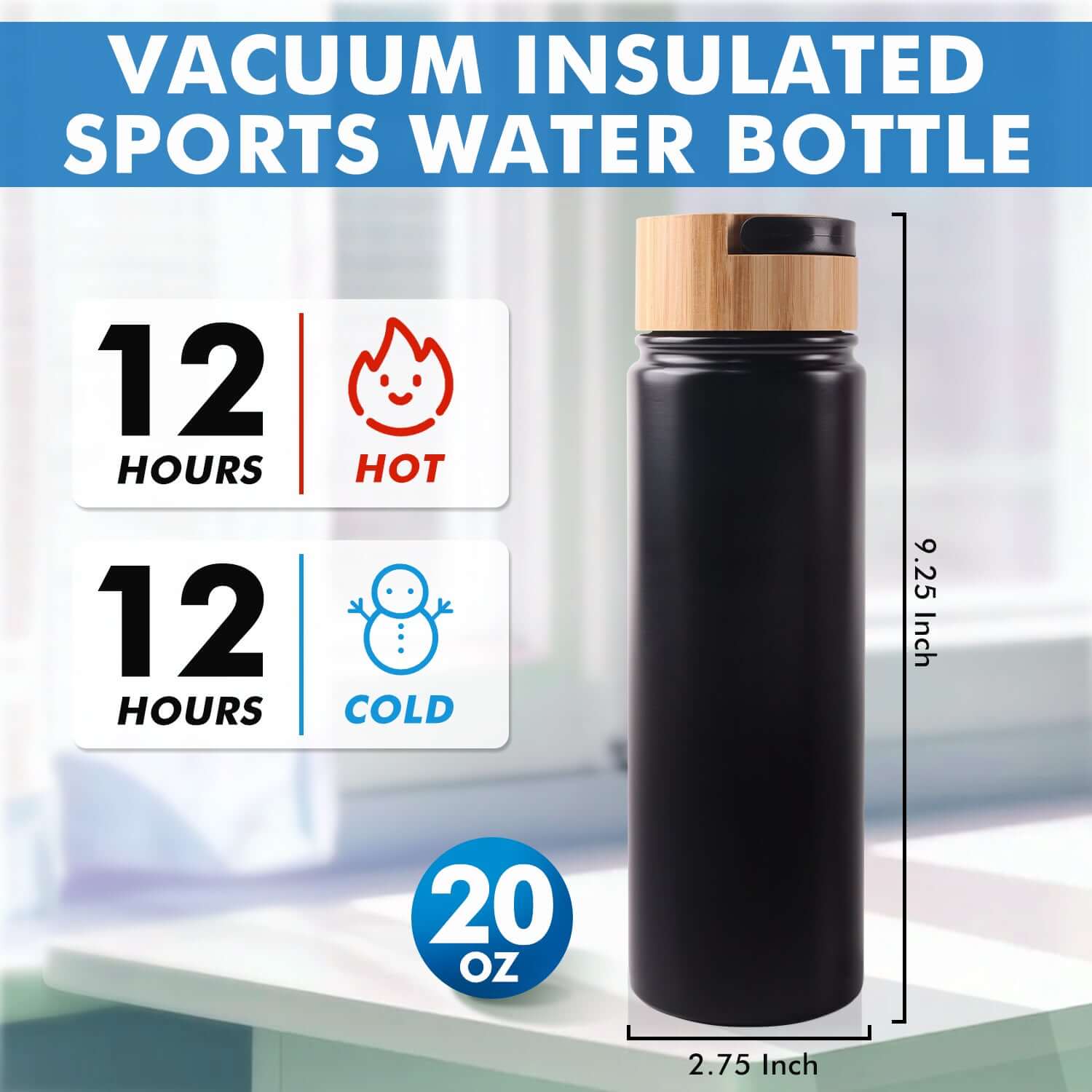 Black insulated sports water bottle showcased in a modern setting, demonstrating 12 hours hot and cold insulation, 20oz capacity.