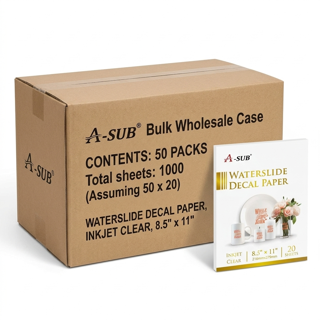 A-SUB Clear  Waterslide Decal Paper for Inkjet Printers Bulk Wholesale Case (50 Packs, 1000 Sheets Total)