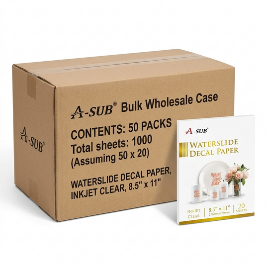 A-SUB Clear  Waterslide Decal Paper for Inkjet Printers Bulk Wholesale Case (50 Packs, 1000 Sheets Total)