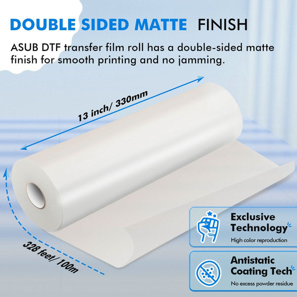 DTF Transfer Film Roll 13 x 328ft - Premium A3+ DTF Film Roll, Double Sided Matte Clear PreTreat PET Heat Transfer Paper, Cold and Hot Peel, Direct to Film for T-Shirts Textile DTF Transfer Film Roll 13 x 328ft - Premium A3+ DTF Film Roll, Double Sided Matte Clear PreTreat PET Heat Transfer Paper, Cold and Hot Peel, Direct to Film for T-Shirts Textile