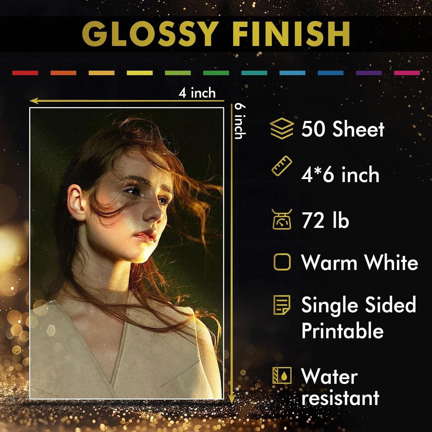 A-SUB glossy photo paper 260gsm features glossy finish, 50 sheets, 4x6 inches, 72lb weight, warm white, water resistant.