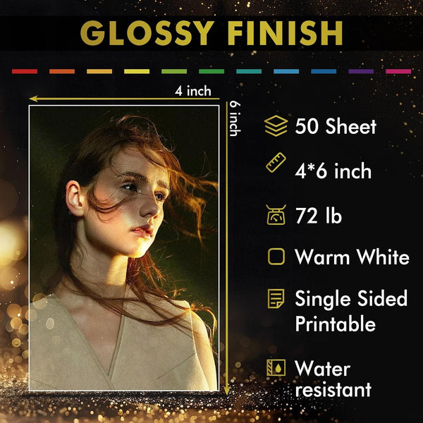 A-SUB glossy photo paper 260gsm features glossy finish, 50 sheets, 4x6 inches, 72lb weight, warm white, water resistant.