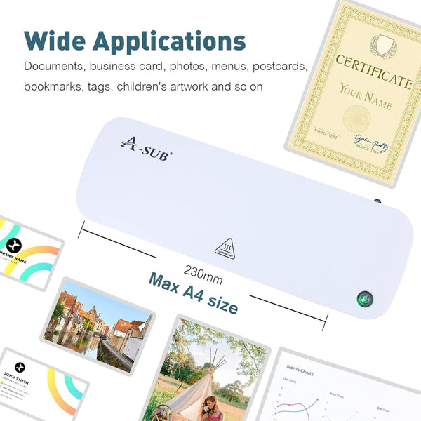 A-SUB Thermal Laminator A4 White Laminating Machine 2 Roller System with Release Button for Office School Business Use