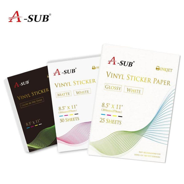 Three packages of A-SUB vinyl sticker paper on a white background