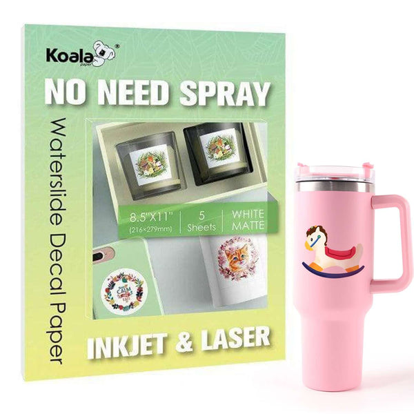 DIY tumbler decal kit featuring Koala No Spray Waterslide Decal Paper and a pink sports tumbler.
