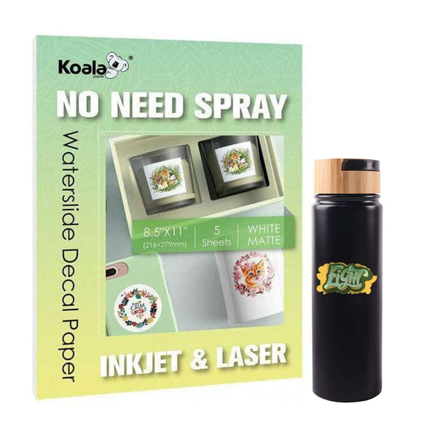 No-Spray Waterslide Decal Kit with black tumbler and decal paper for DIY customization.