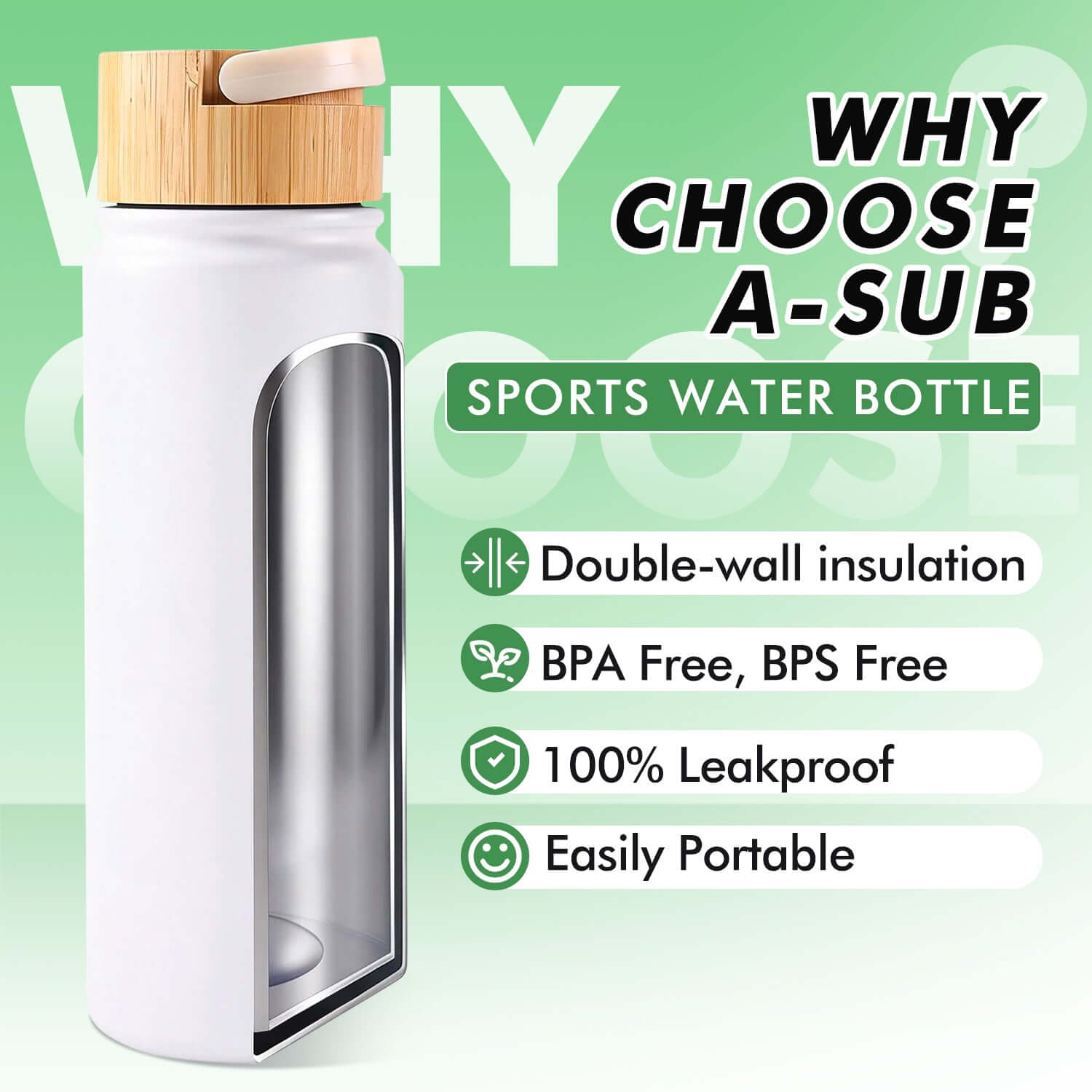 A-SUB insulated sports water bottle for UV printing featuring double-wall insulation and bamboo lid.