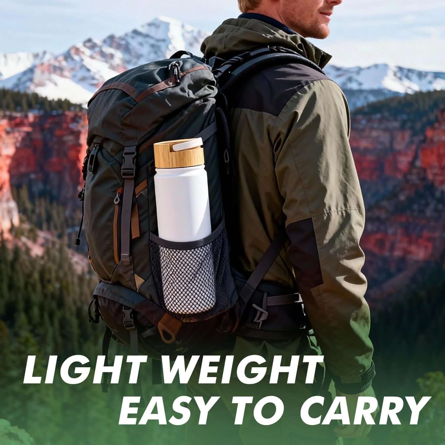 Insulated sports water bottle for UV printing carried in a backpack while hiking in the mountains.