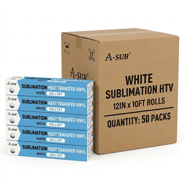 A-SUB White Sublimation HTV Rolls in bulk case, 12" x 10ft, ideal for bulk sublimation heat transfer vinyl applications.