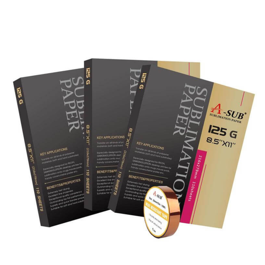 Packages of A-SUB sublimation paper with a small round product on a white background