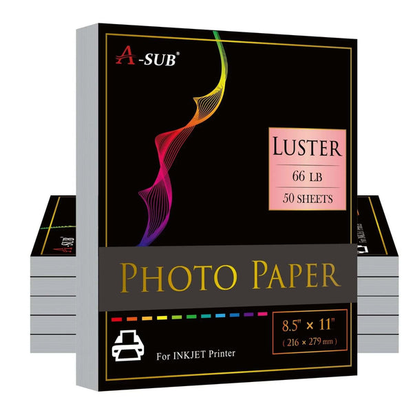 A-SUB Luster Resin-Coated Photo Paper 8.5x11 66lb 250gsm for inkjet, pack of 50 sheets, high-quality printing