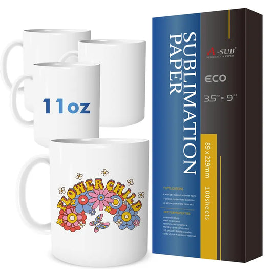 【Bundle Kit】A-SUB 3.5x9" 11oz Mug-Size Sublimation Paper & 11oz Sublimation Mug Blank 4 Packs