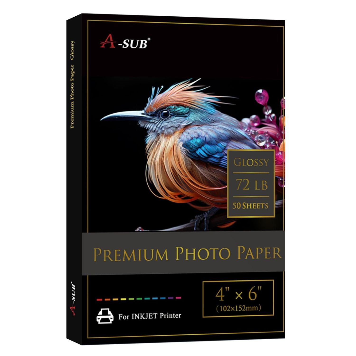 A-SUB glossy photo paper 260gsm package featuring vibrant bird illustration, 4