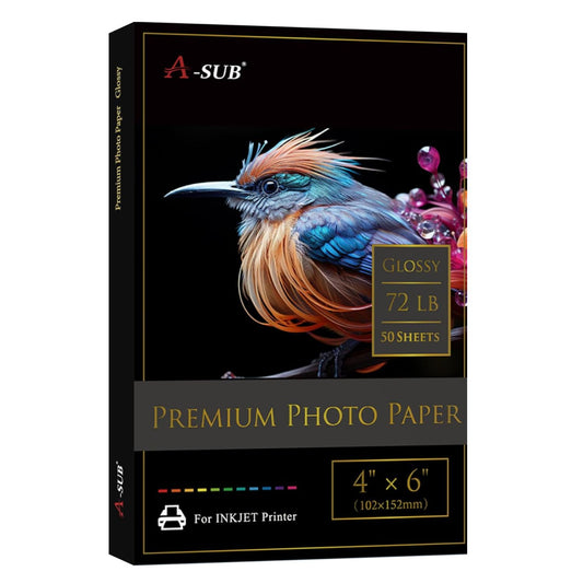 A-SUB glossy photo paper 260gsm package featuring vibrant bird illustration, 4" x 6", 50 sheets, suitable for inkjet printers.