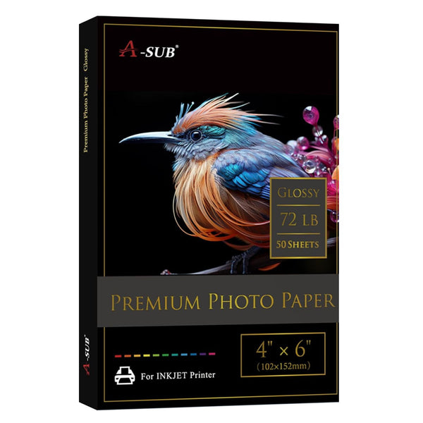 A-SUB glossy photo paper 260gsm package featuring vibrant bird illustration, 4" x 6", 50 sheets, suitable for inkjet printers.
