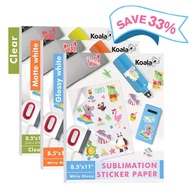 sublimation sticker paper packages with promotional text on a light blue background