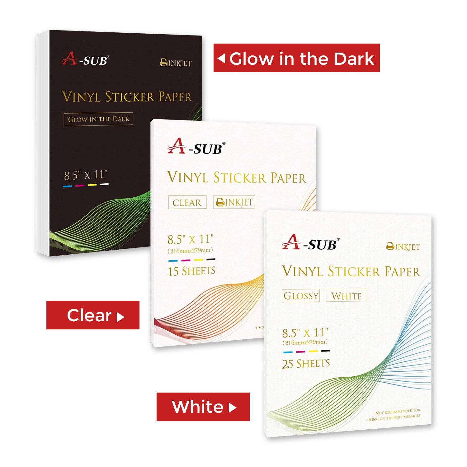 A-SUB vinyl sticker paper for inkjet printers including glossy, clear, and glow-in-the-dark options.